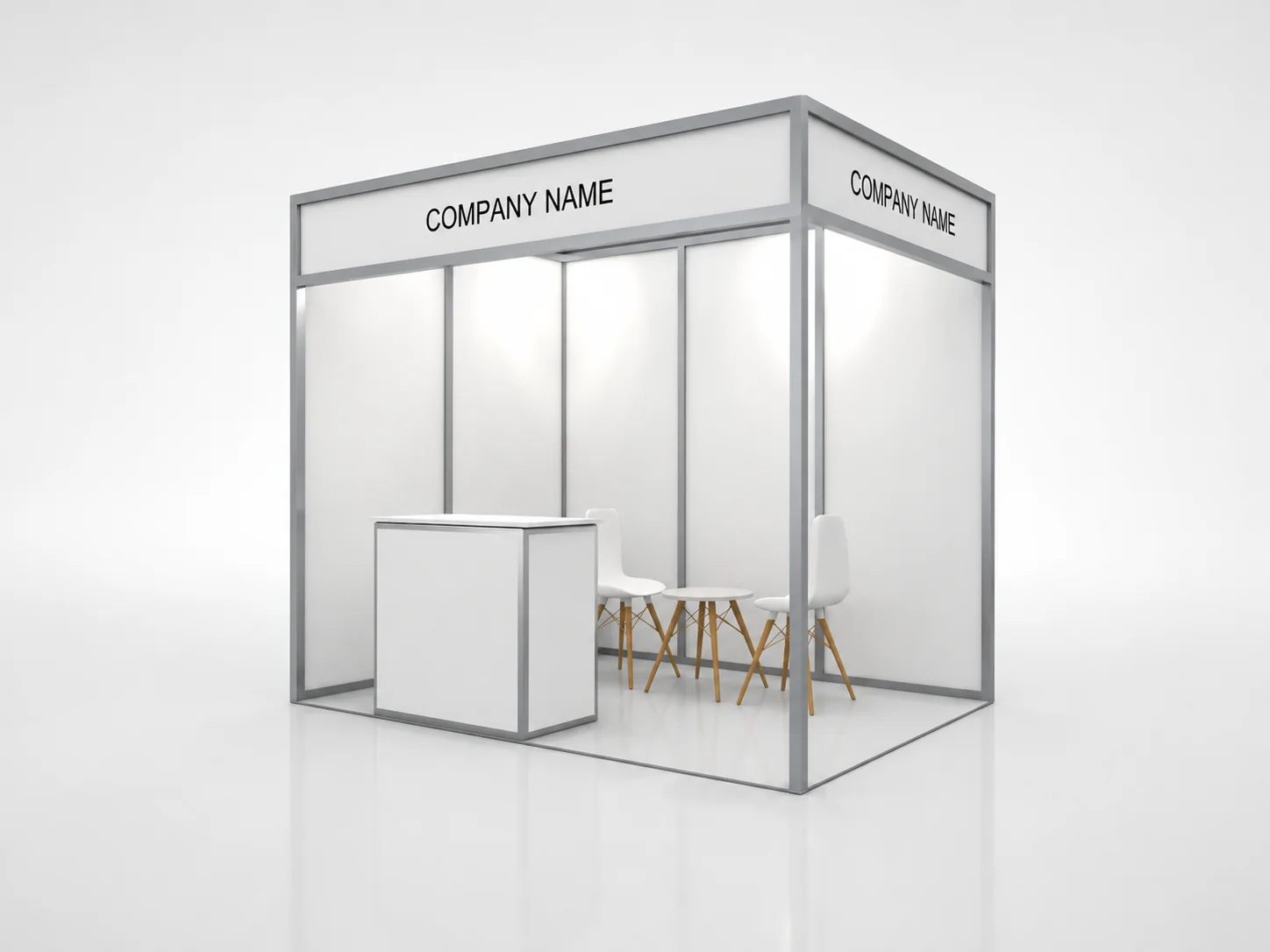 2x2 exhibition booth mockup with fascia and furniture